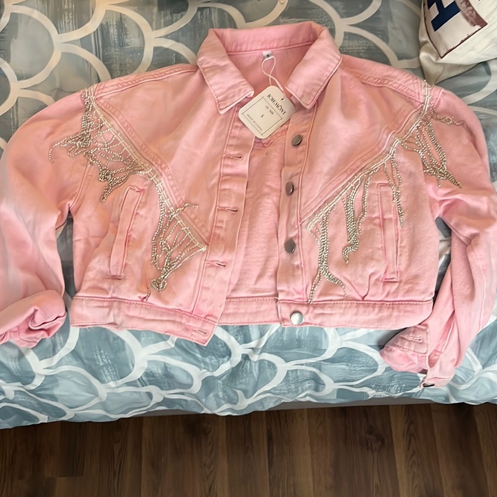 Joiemont Womens Denim Jacket with Fringe Rhinestones Long Sleeve Jean Coat